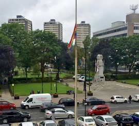 Rainbow flag flying at half mast for Orlando shooting victims